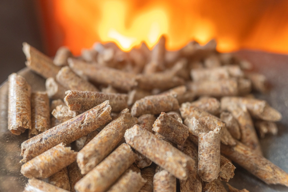 Gros plan sur des granulés de bois avec un feu de poêle à granulés en arrière-plan.