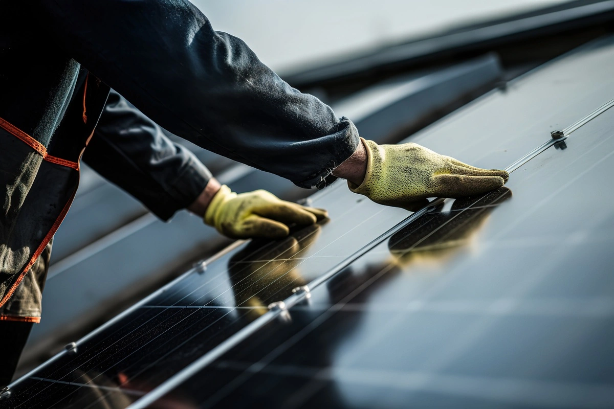 Professionnel vérifiant les panneaux photovoltaïques après l'installation.