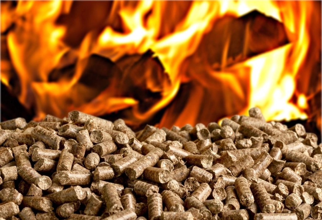 Pellets de bois devant un feu de poêle à granulés, illustrant le concept de chauffage au bois et de biomasse.